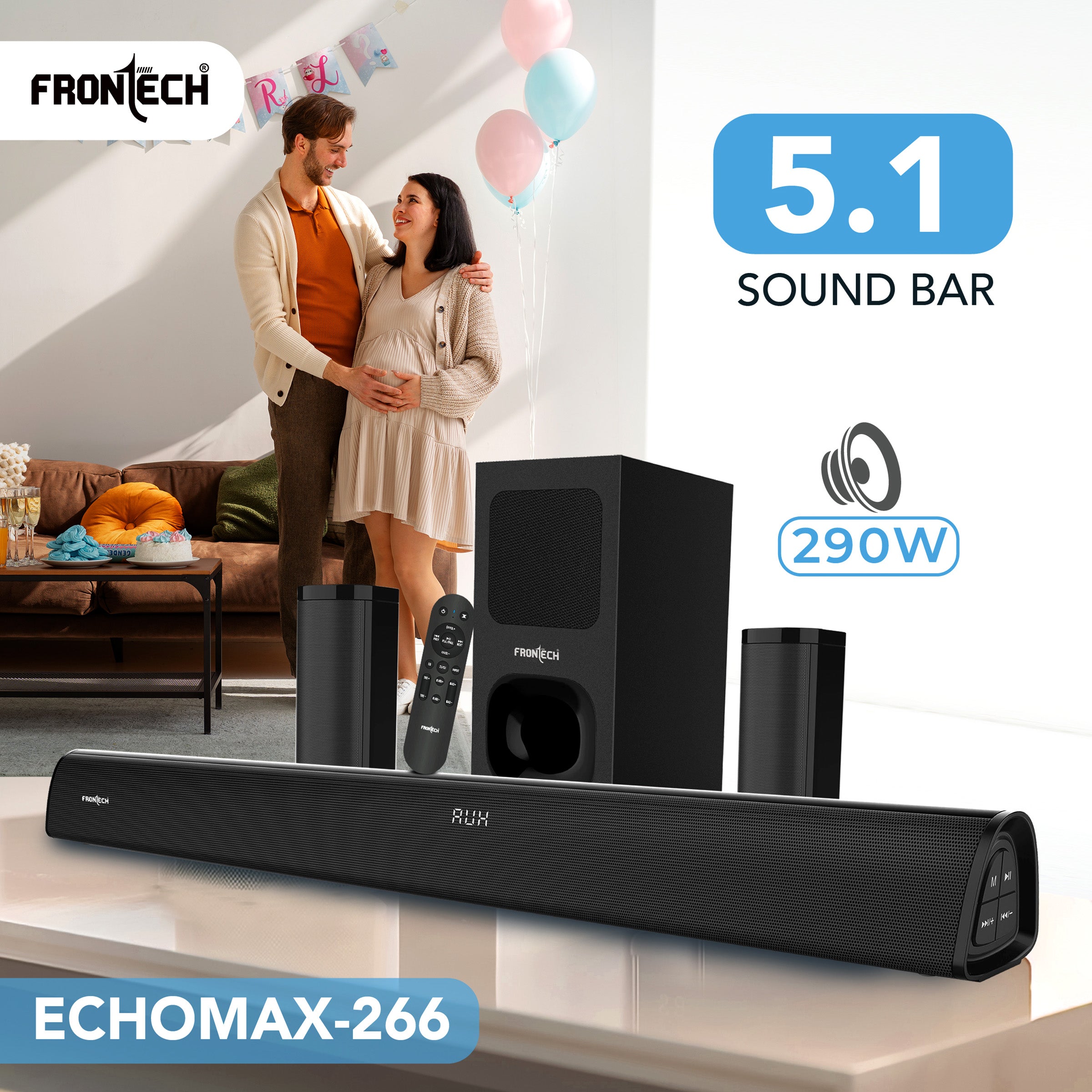 Frontech EchoMax-266 290W 5.1 Channel Sound Bar with Subwoofer | Home Theatre System for TV | Bluetooth, HDMI, AUX, USB | Wall Mountable | Deep Bass | Ideal for Movies, Music, Gaming (SW-0266) Frontech EchoMax-266 290W 5.1 Channel Sound Bar with Subwoofer | Home Theatre System for TV | Bluetooth, HDMI, AUX, USB | Wall Mountable | Deep Bass | Ideal for Movies, Music, Gaming (SW-0266)